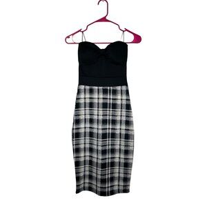 Seductions Black & White Plaid Bodycon Midi Dress XS Strapless